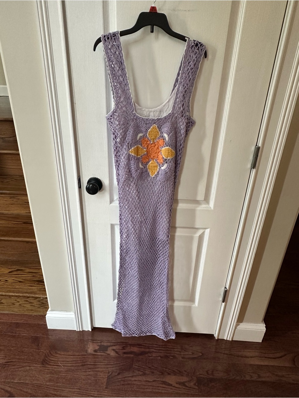 Kimchi Blue Lavender Crocheted Maxi Dress with Yellow-Orange Flower